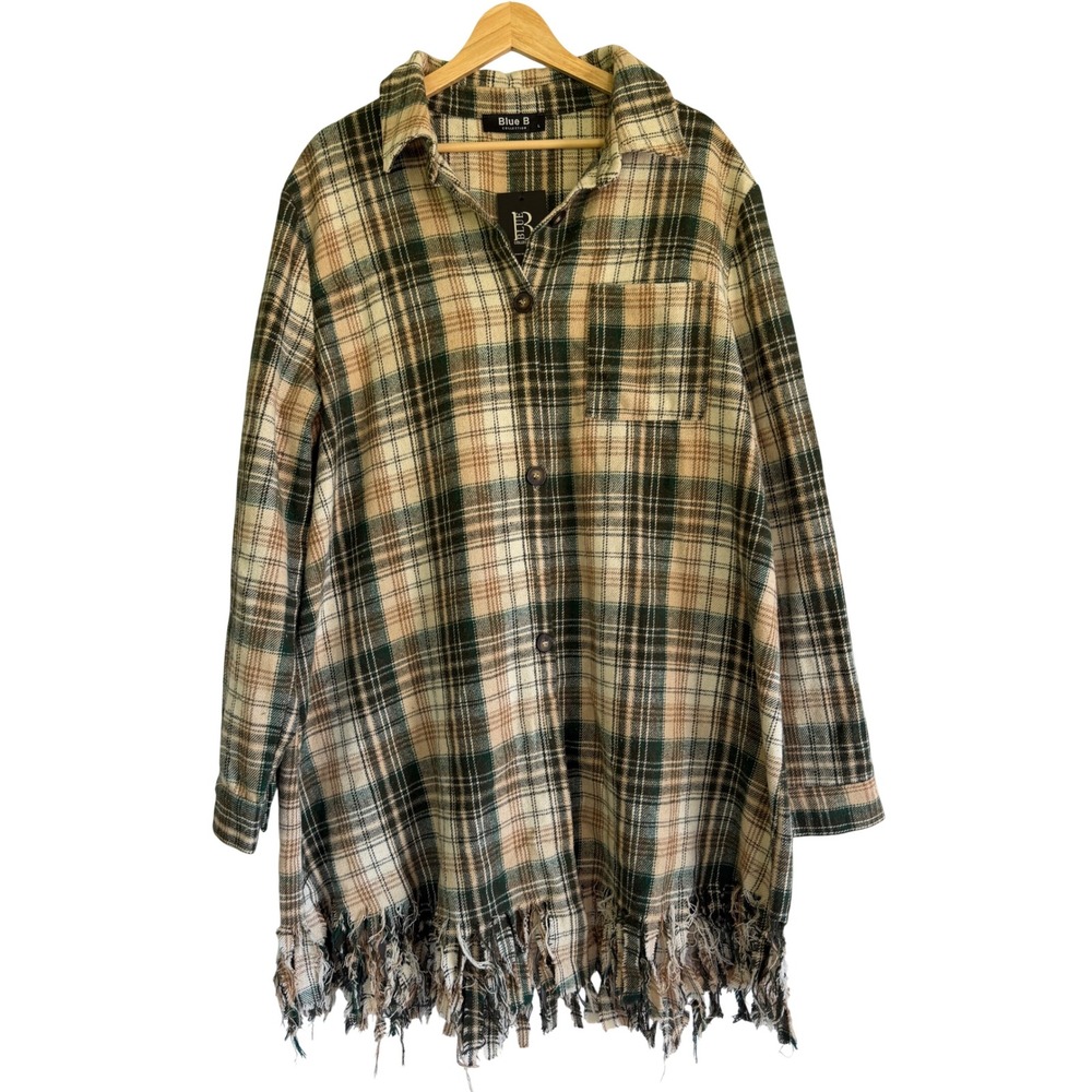 Blue B Collection Green Plaid Frayed Hem Longline Shacket Shirt Jacket 61039T L